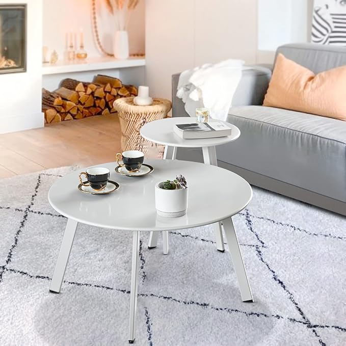 Patio Coffee Table Set of 2, Outdoor Weather Resistant End Table, Round Nesting - Image 8