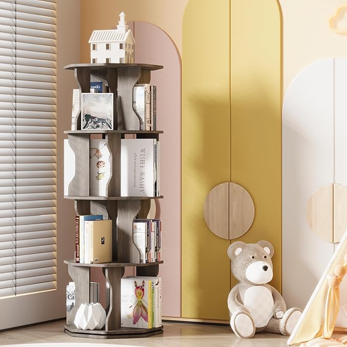 4 Tier Rotating Bookshelf, Spinning Bookshelf Tower Lazy Susan, Corner - Image 7