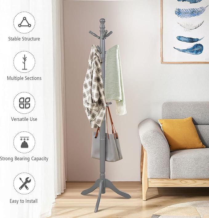 Tangkula Wood Coat Rack Freestanding, Entryway Height Adjustable Coat Stand - Image 3