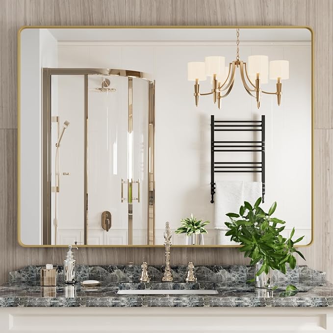 Gold Bathroom Mirror, 48x36 Inch Brushed Gold Metal Frame Mirror - Image 2