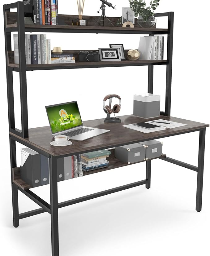 Aquzee Desk with Hutch Bookshelves, Computer Desk with 3 Tiers Storage Shelves by Aquzee