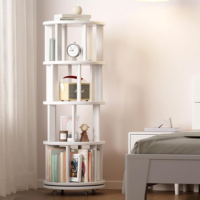 Solid Wood Rotating Bookshelf on Wheels, 4 Tier, Round Revolving Bookcase - Image 8