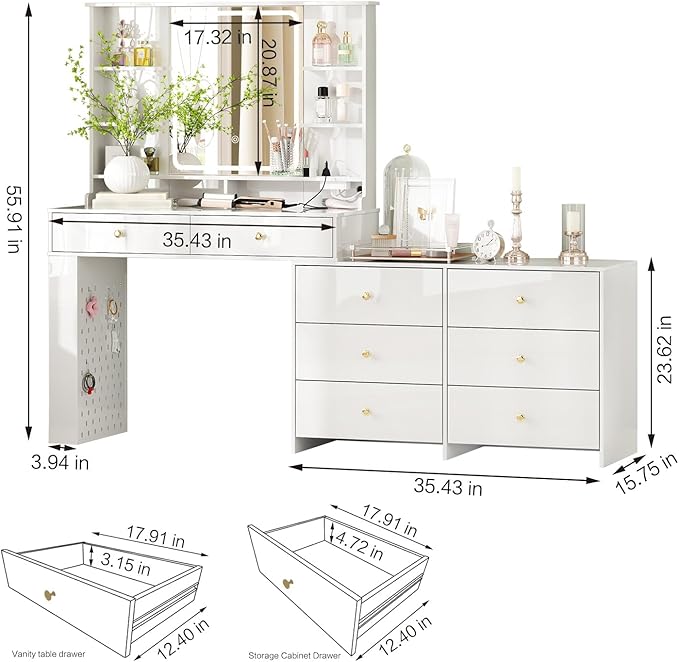 Makeup Vanity Desk with Mirror and Lights, Vanity Desk with 8 Drawers & Storage - Image 6