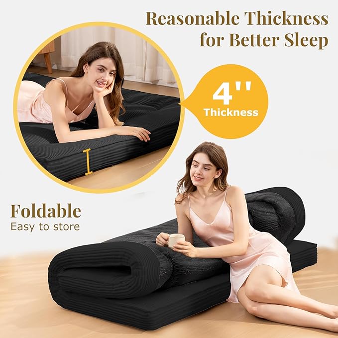 Japanese Floor Mattress, Corduroy Foldable Mattress Pad Roll Up Tatami Mat - Image 5