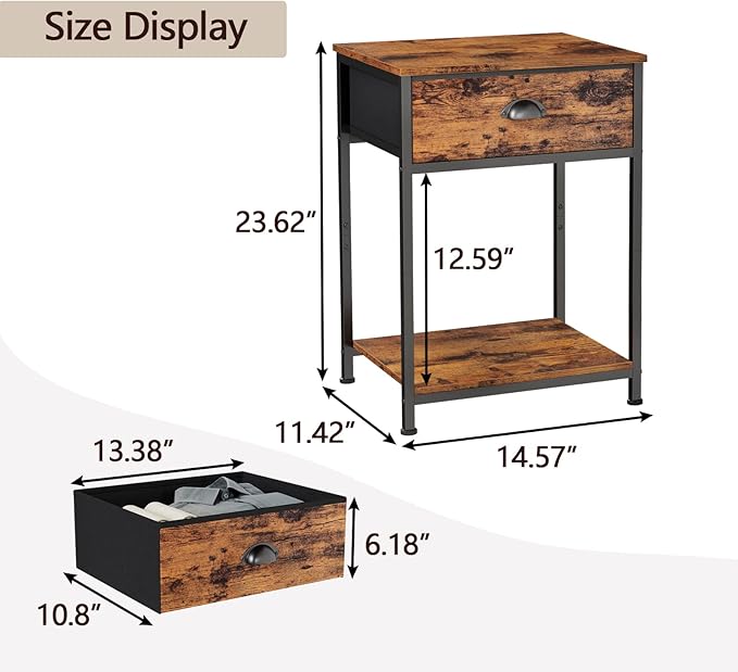 Furologee End Table with Storage Shelf and Fabric Drawer, 2 Tiers Industrial - Image 3