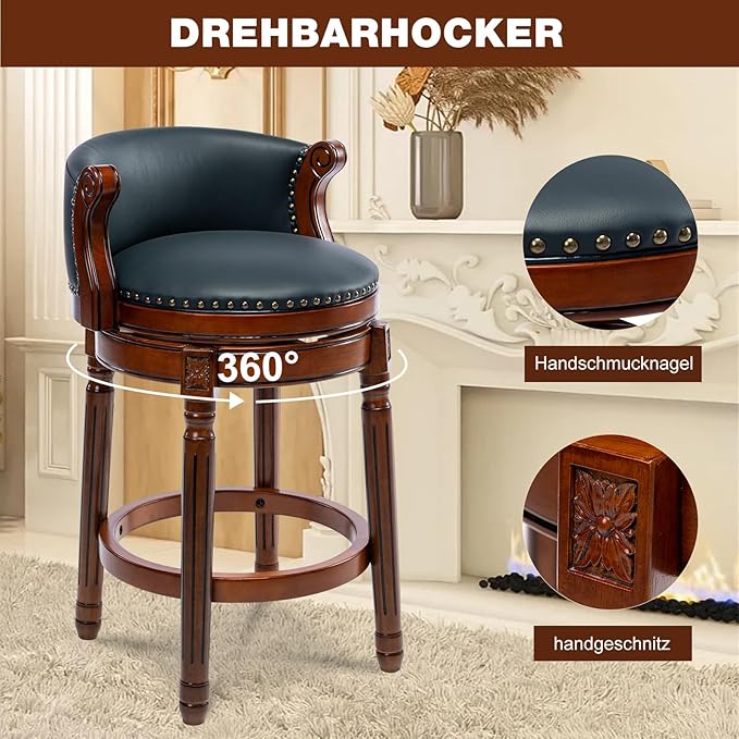 Cow top Leather Wooden Bar Stools, 180 Degrees Swivel Barstools Chair - Image 8