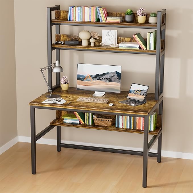 Aquzee Computer Desk with Hutch Bookshelves, 55 Inch Home Office Writing Desk - Image 2