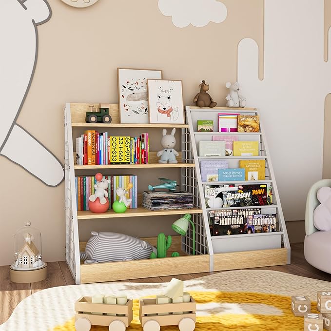 Kids Book Shelf, 4 Tier Wooden Bookshelf, 5 Layer Sling Children Bookcase - Image 9