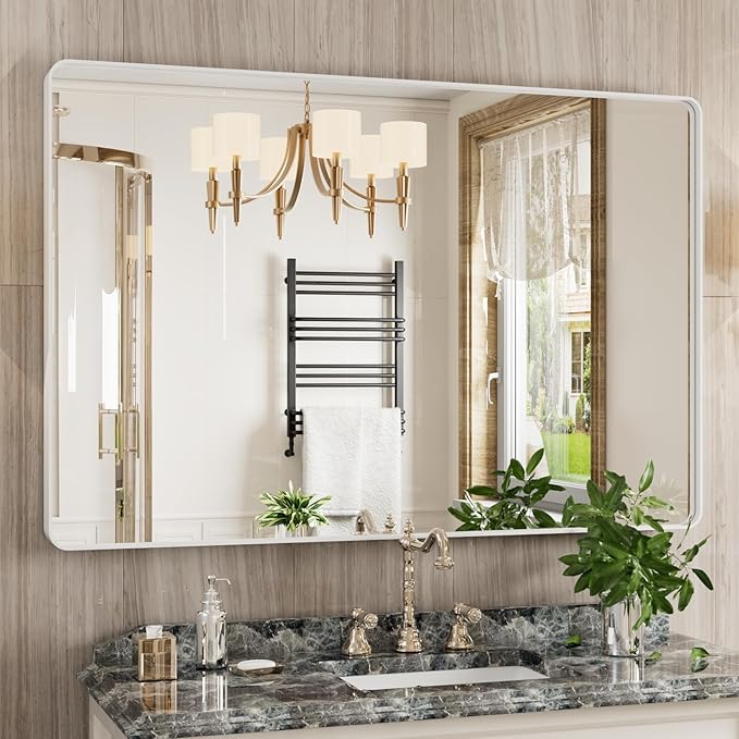 White Bathroom Mirror 48x32 Inch, Rounded Rectangle Matte Bathroom Vanity Mirror - Image 2