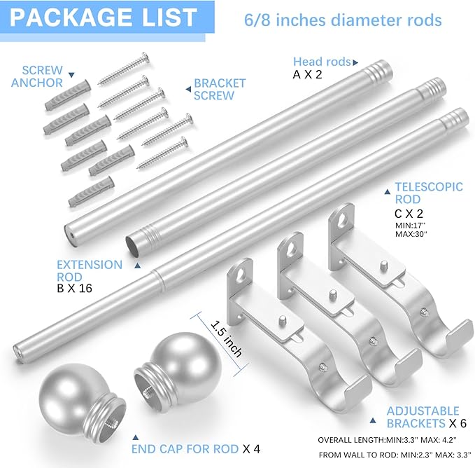 Curtain Rods for Windows 16 to 150 Inches, Curtain Rod Max Adjustable Length of - Image 3