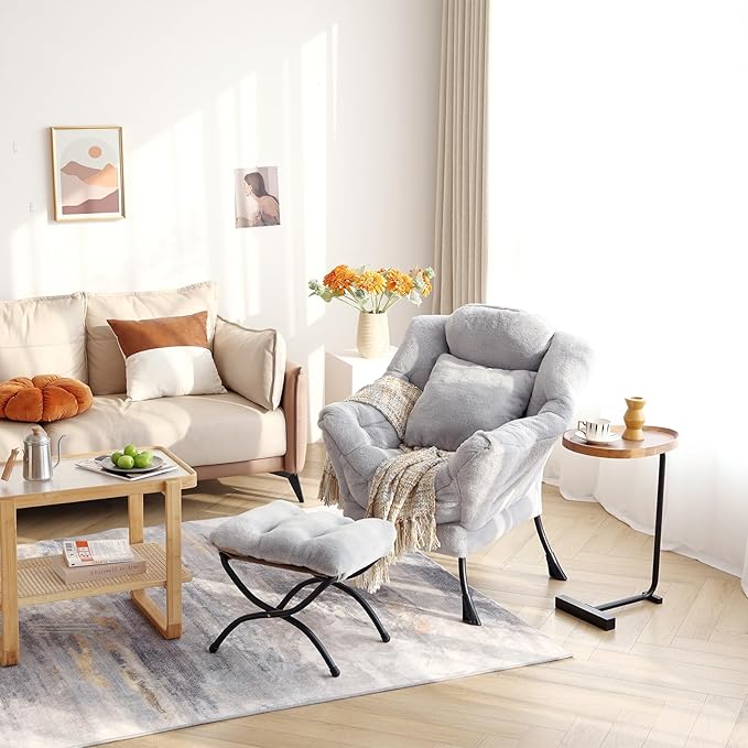 Lazy Chair with Ottoman, Comfy Reading Lounge Chair with Footstool & Throw - Image 2