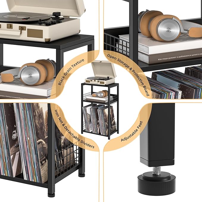 LELELINKY Side Table with Storage, 3 Tier Industrial Wooden Record Player - Image 7