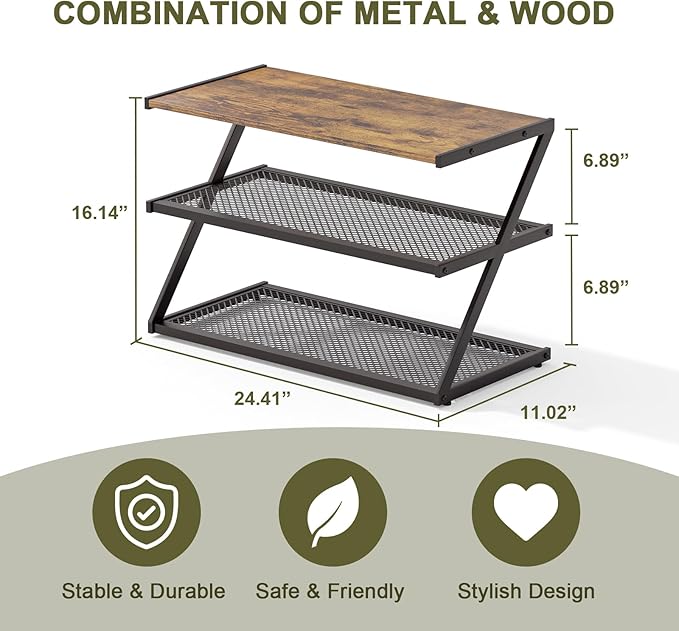 Z-Frame Shoe Rack with Wooden Top & Metal Mesh Shelves - Image 3