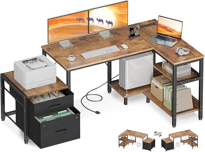 Casaottima L Shaped Desk with Drawers & File Cabinet, Reversible Computer Desk by Casaottima