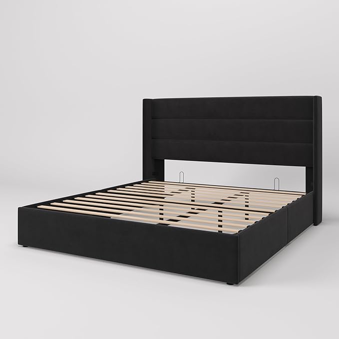 SHA CERLIN King Size Lift Up Storage Bed/Velvet Upholstered/Modern Wingback - Image 9