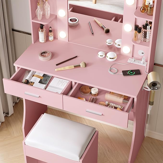 Vabches Vanity Desk with Lights, Makeup Vanity with Power Strip, Dressing Table - Image 9