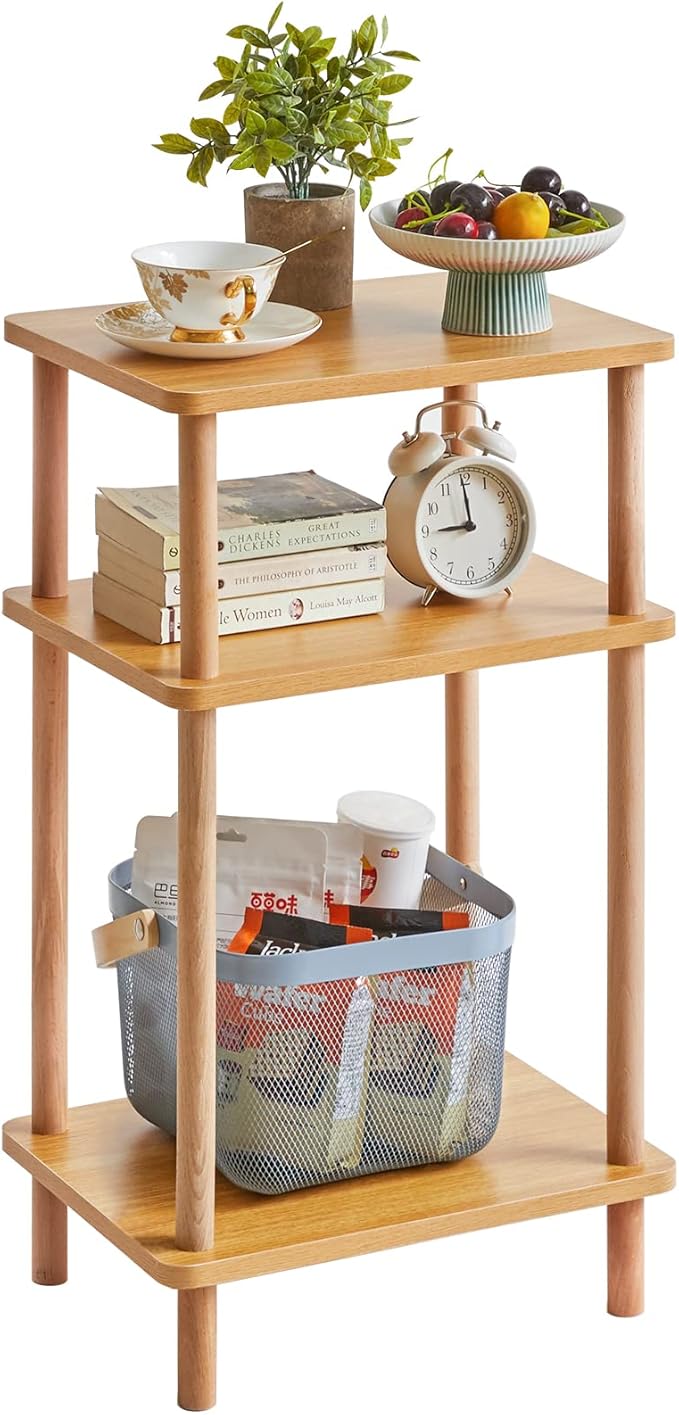 IBUYKE 3-Tier Side Table, Solid Wood Tall End Table by IBUYKE