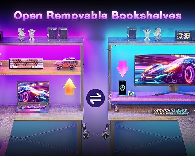 ODK 53 Inch L Shaped Desk with LED Lighting, Reversible Gaming Desk with Power - Image 6