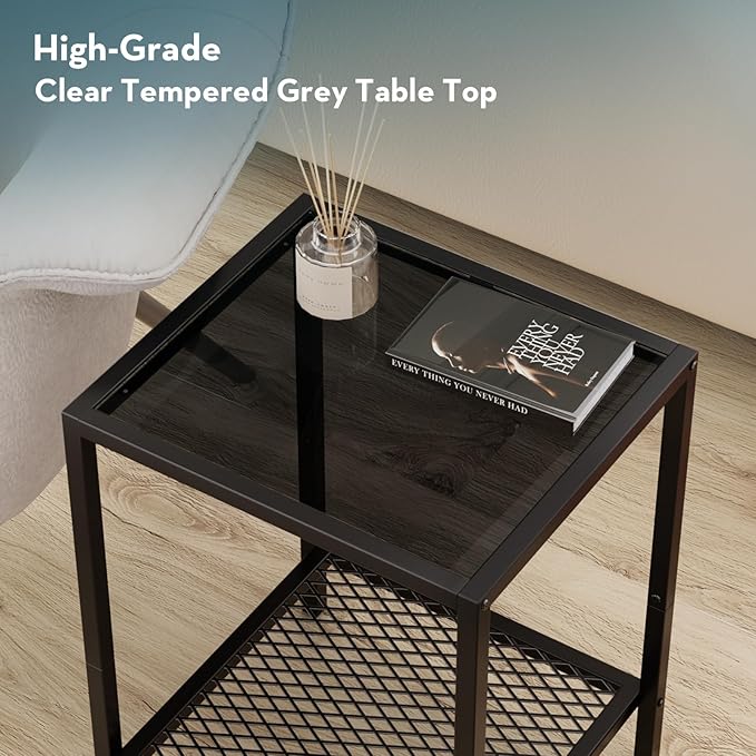 SAYGOER Black Side Table Small Glass End Table 2-Tier Narrow Square Bed Side - Image 3