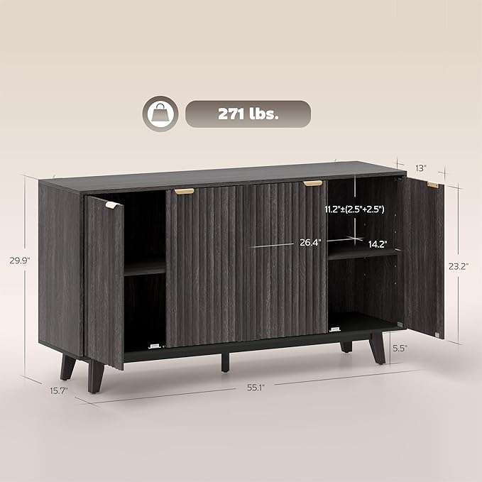 HOMCOM Fluted Sideboard Buffet Cabinet, 2 Adjustable Shelves and 5 Wood Legs - Image 3