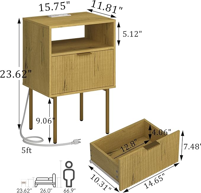 Nightstand with Charging Station, Bedside Table with Storage Drawer, Fluted - Image 2