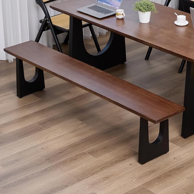 Walnut Color Long Bench Solid Wood Top Metal Legs U-Shaped Design Durable - Image 7