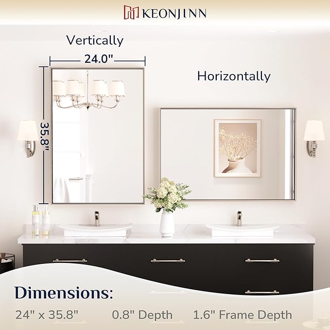 Keonjinn 24 x 36 In Brushed Nickel Bathroom Mirror, Rectangular Metal Framed - Image 7