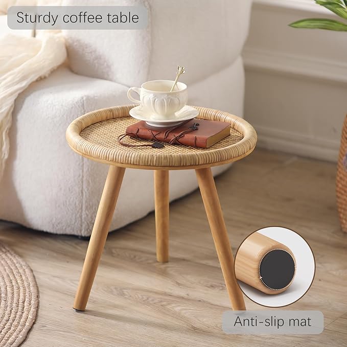 Rattan Round Coffee Table, Boho Circle Side Table End Table - Image 6
