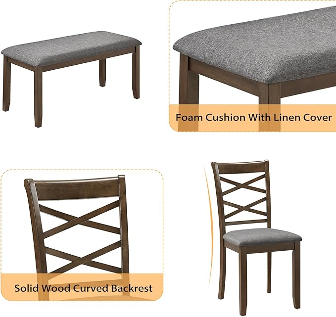 6-Piece Solid Wood Dining Table Set, Includes 1 Dining Table, 4 Upholstered - Image 5
