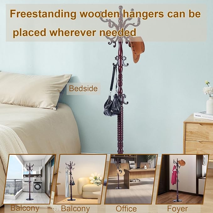 Coat Rack Freestanding with 18 Hooks, Wooden Standing Coat Racks - Image 6
