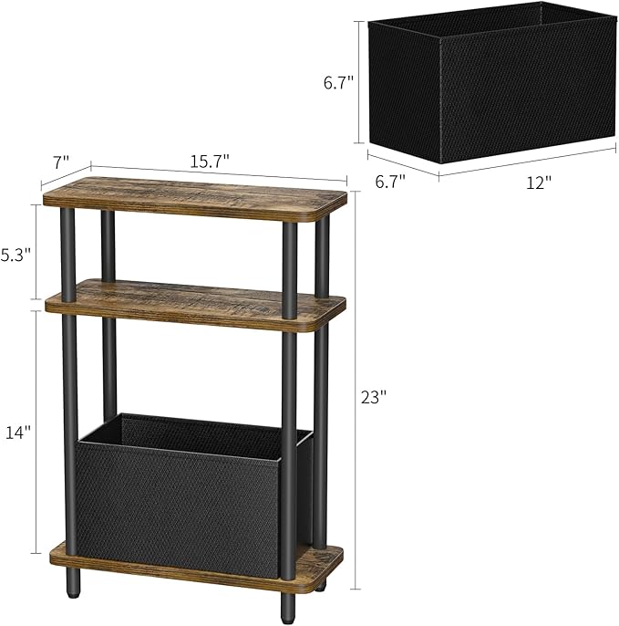 Narrow Side Table with Fabric Basket, 3 Tier Skinny End Table with Wood Legs - Image 3