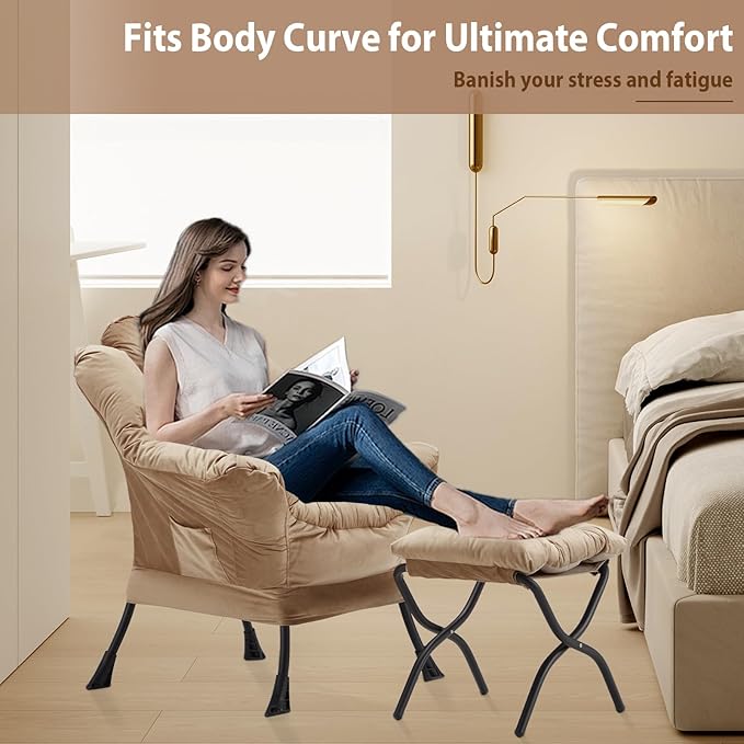 Lazy Chair with Folding Ottoman, Accent Chair Velvet Upholstered with Metal - Image 5