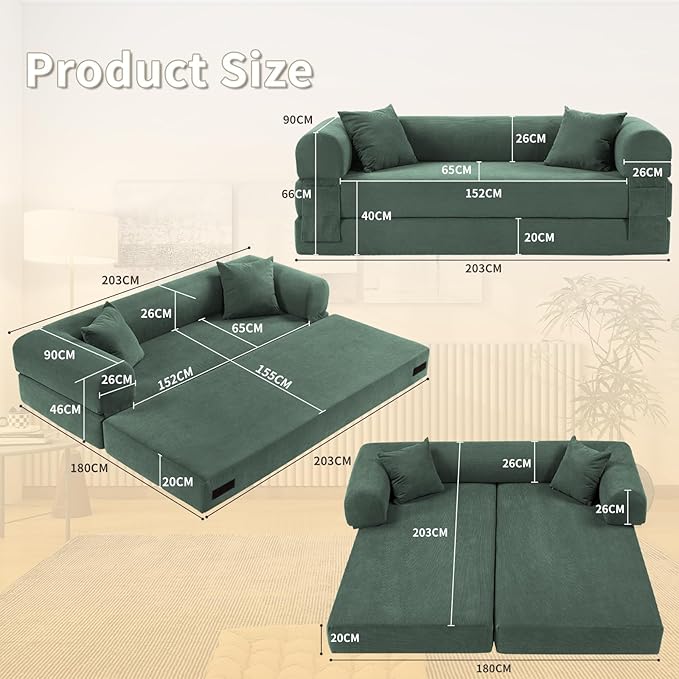 80" Convertible Sofa Bed, Corduroy Deep Seat Folding Pull Out Couch - Image 3