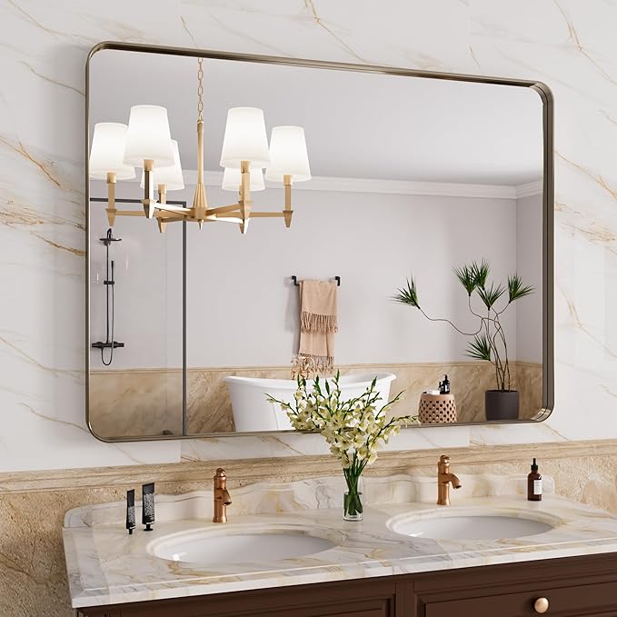 Bronze Bathroom Mirror 48x36 Inch, Brushed Bronze Metal Frame Mirror by JISOSO