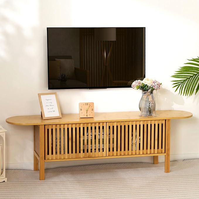 HollyHOME Bamboo TV Stand with Storage - Image 8
