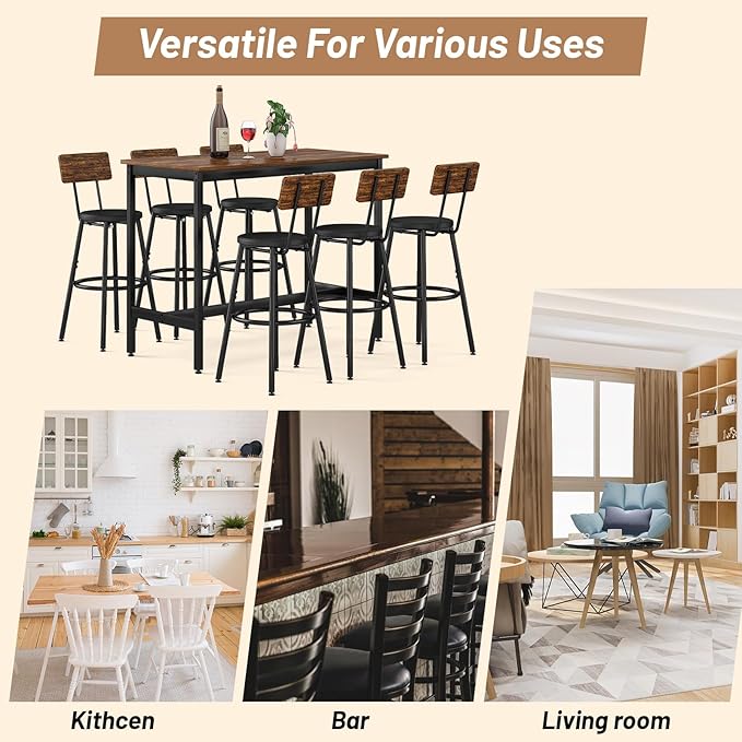 Dining Table Set for 6, 7-Piece Bar Table Set, Kitchen Table and Chairs - Image 6