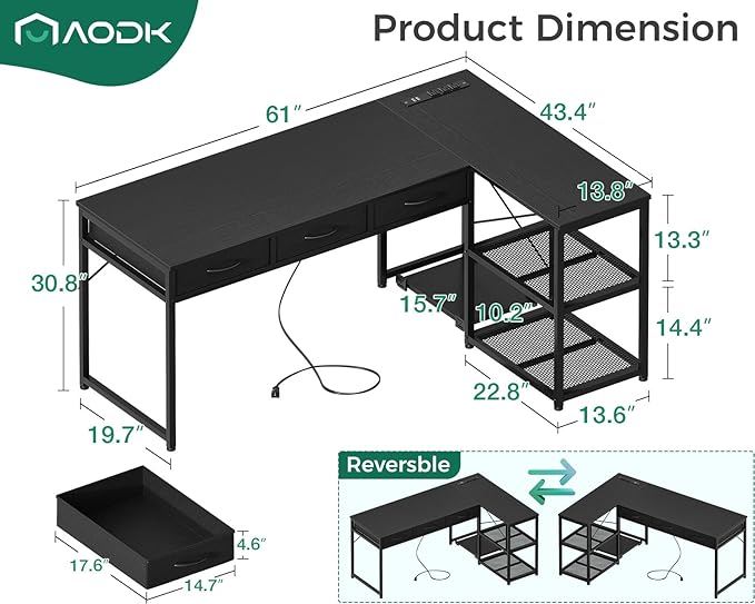 AODK 61 Inch L Shaped Computer Desk - Image 3
