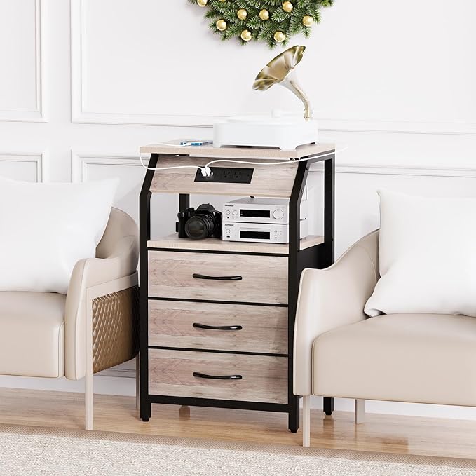 End Table with 3 Drawers, Night Stand with Charger Station and LED Lights - Image 2