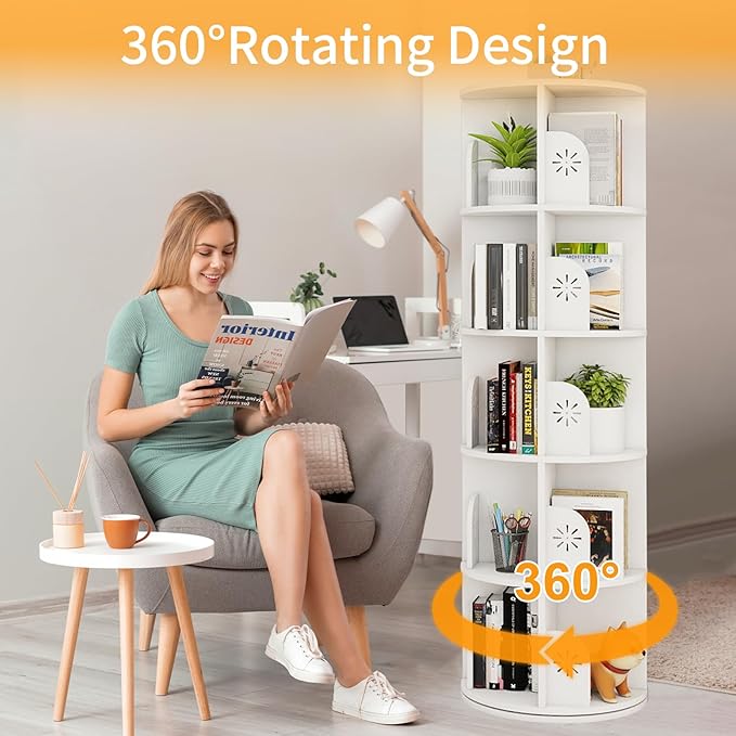 Hestiasko 5 Tier Rotating Bookshelf, 360 Rotating Bookcase, Spinning Bookshelf - Image 5