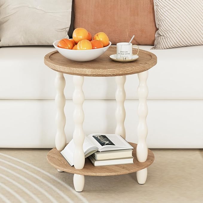 Round End Table, 2-Tier Farmhouse End Table, 18.5'' Handcrafted Weathered Look - Image 5