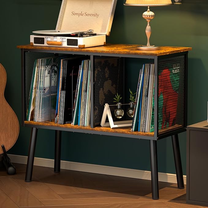 Record Player Stand with Adjustable Divider, Vinyl Storage Holder Up to 200 by Simple+Serenity