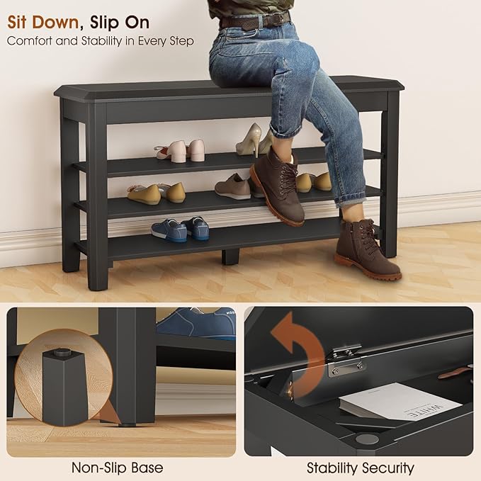 Shoe Rack Bench Seat Rubberwood 3-Tier Wooden Storage Bench 550lbs Compact - Image 7