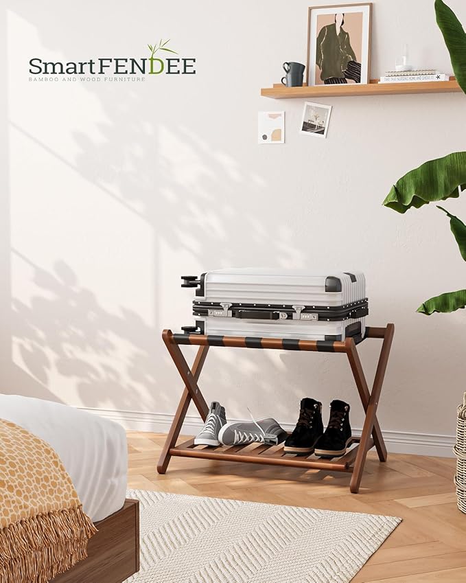Fully Assembled Walnut Luggage Racks Set of 2, 5 Nylon Straps Folding Suitcase - Image 5