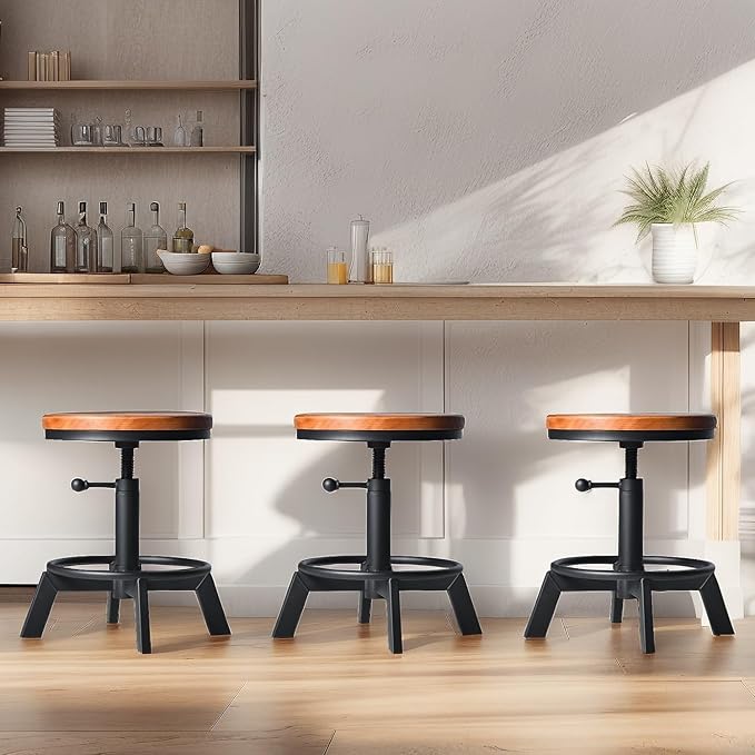 Set of 2 Industrial Bar Stools Short Stool Swivel Wooden Seat Kitchen Island - Image 6