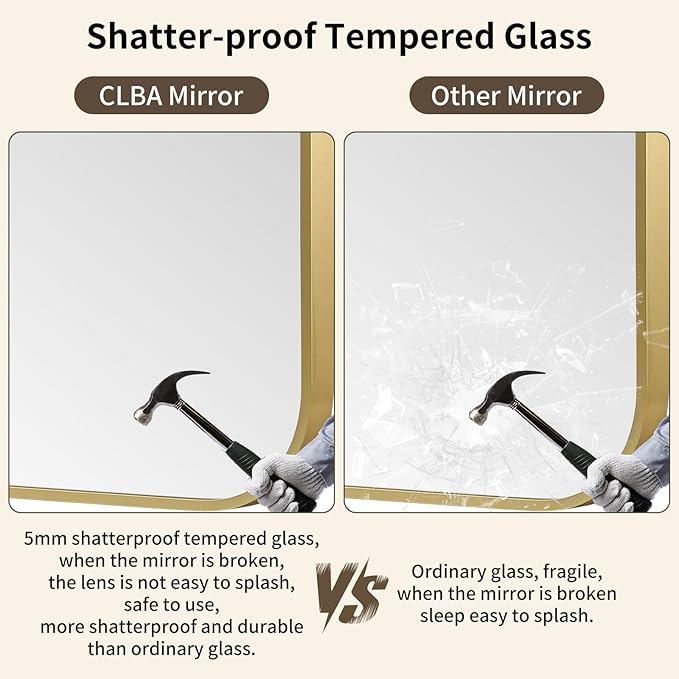 Gold Bathroom Mirror, 24x36 Inch Aluminum Frame Rectangle Mirror, Tempered Glass - Image 4