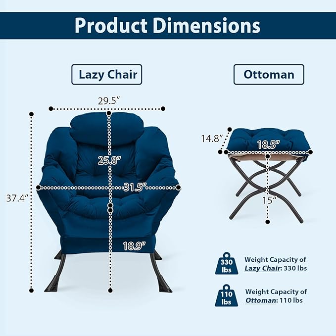 Lazy Chair with Folding Ottoman, Accent Chair Velvet Upholstered with Metal - Image 3