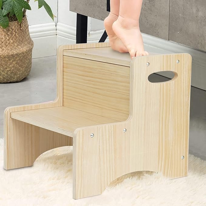 WOOD CITY Toddler Step Stool for Kids, Wooden Two Step Children's Stool by WOODCITY