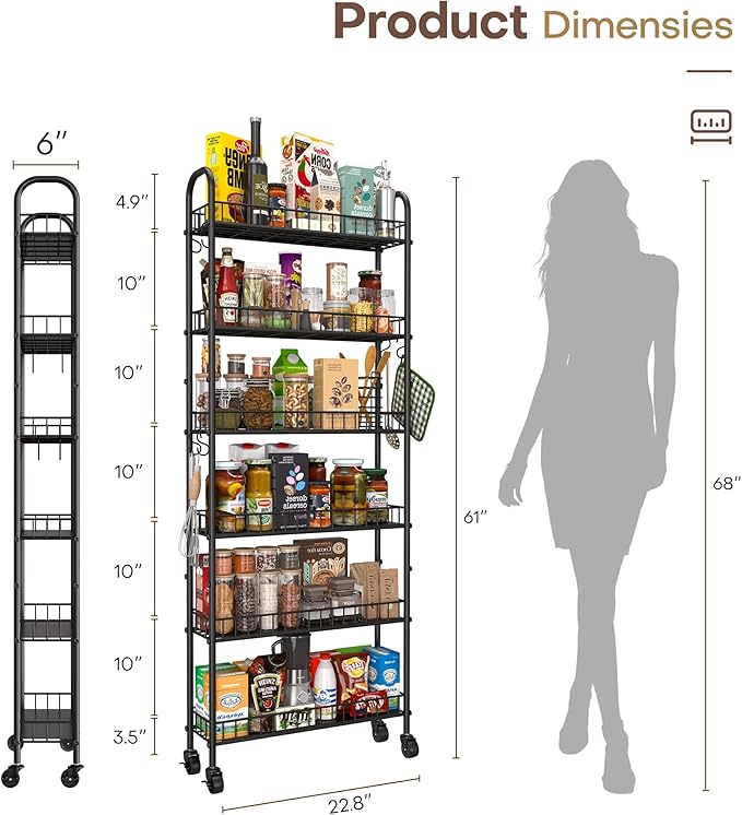 6 Tier Slim Storage Cart with Wheels, Metal Mobile Shelving Unit Organizer - Image 5