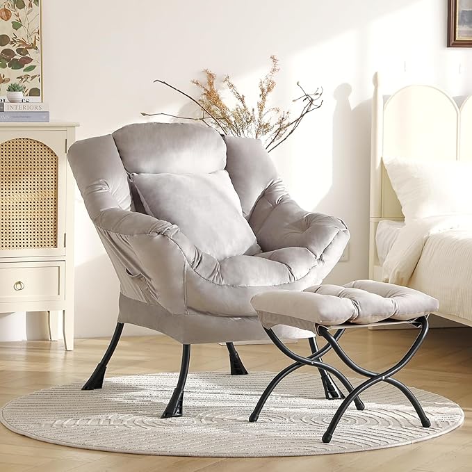Large Lazy Chair with Ottoman, Accent Reading Chair with a Soft Grey Throw - Image 2