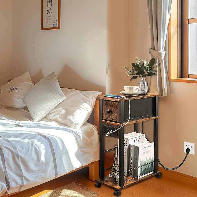 Side Table with Charging Station and Drawer, Narrow End Table with USB Ports - Image 5